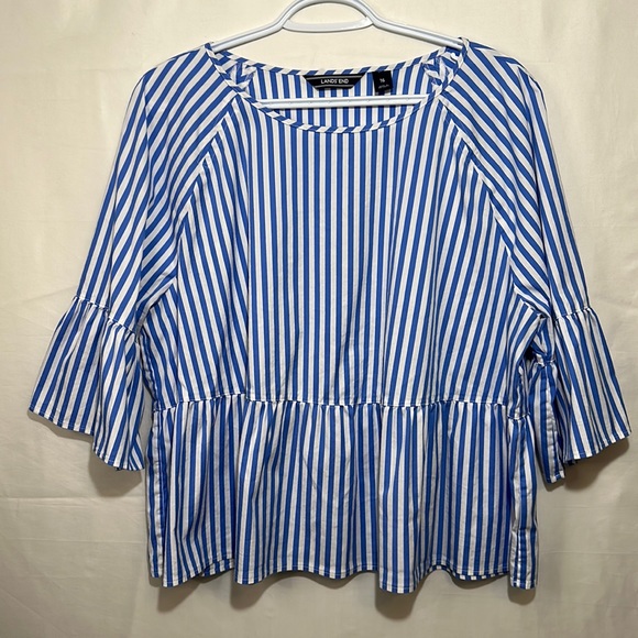 Lands End Striped BabyDoll Bell Sleeve Top Size 16 Blue & White - Picture 1 of 5